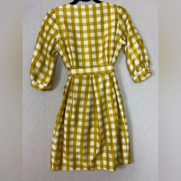 Fray I.D yellow white plaid  checker 3/4 sleeve belted dress Sz XS/S - Picture 2 of 9